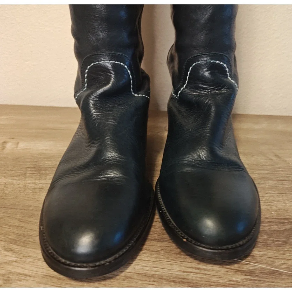 Boden Knee High Boots Womens 41 Navy Blue Leather Contrast Stitch Western AZ192